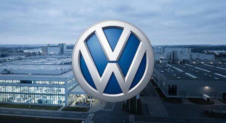 Logo de Volkswagen frente a una planta industrial parcialmente en penumbra.