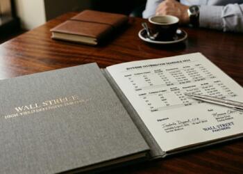 Carpeta de Wall Street abierta con informe de dividendos, bolígrafo de platino y café.