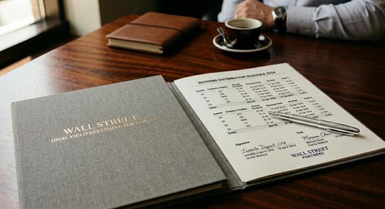 Carpeta de Wall Street abierta con informe de dividendos, bolígrafo de platino y café.
