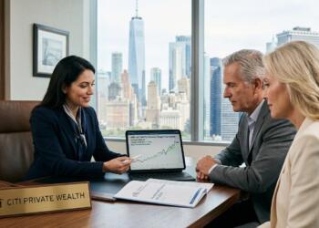 Asesora de Citi Private Wealth y clientes revisando una tableta en una oficina de Nueva York.