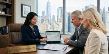 Asesora de Citi Private Wealth y clientes revisando una tableta en una oficina de Nueva York.