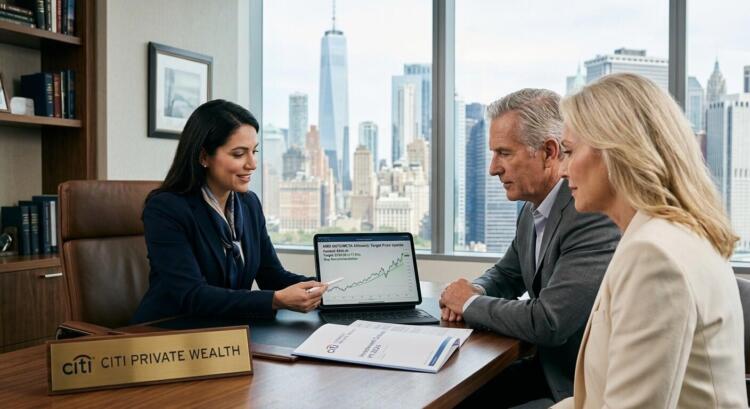 Asesora de Citi Private Wealth y clientes revisando una tableta en una oficina de Nueva York.