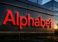 Logotipo de Alphabet sobre una sede corporativa tecnológica.