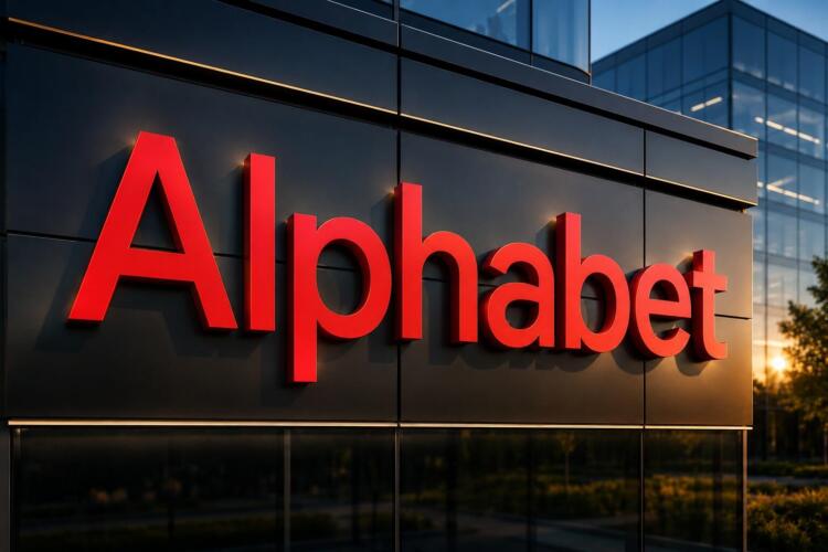 Logotipo de Alphabet sobre una sede corporativa tecnológica.