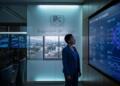 Mujer en oficina de Berkshire Hathaway observando pantalla con datos de Alphabet AI.
