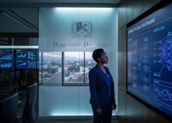 Mujer en oficina de Berkshire Hathaway observando pantalla con datos de Alphabet AI.