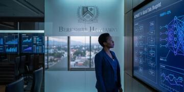 Mujer en oficina de Berkshire Hathaway observando pantalla con datos de Alphabet AI.