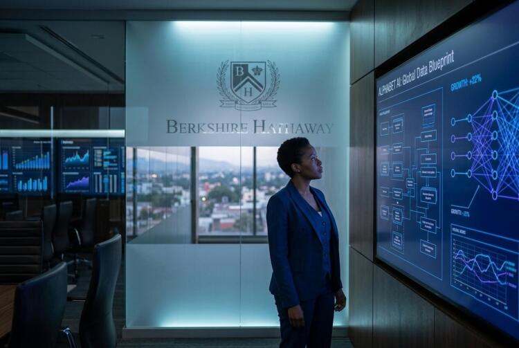 Mujer en oficina de Berkshire Hathaway observando pantalla con datos de Alphabet AI.