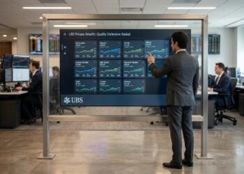 Analista financiero interactúa con gráficos de mercado en una pantalla digital UBS.