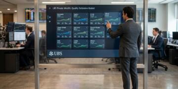 Analista financiero interactúa con gráficos de mercado en una pantalla digital UBS.