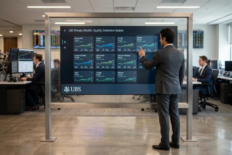 Analista financiero interactúa con gráficos de mercado en una pantalla digital UBS.