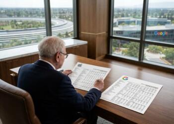 Warren Buffett analiza documentos financieros con logos de Apple y Google en una oficina con vistas a sus sedes.