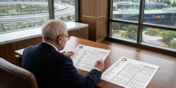 Warren Buffett analiza documentos financieros con logos de Apple y Google en una oficina con vistas a sus sedes.