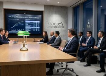 Analistas financieros revisan gráficas sobre riesgos inflacionarios en Moody's.