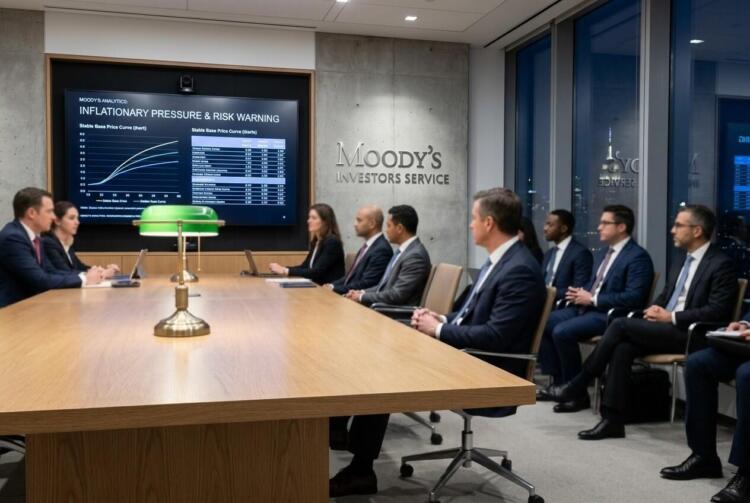 Analistas financieros revisan gráficas sobre riesgos inflacionarios en Moody's.