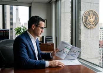 Hombre de traje revisando un reporte con gráficos junto al sello de la bolsa de Nueva York.