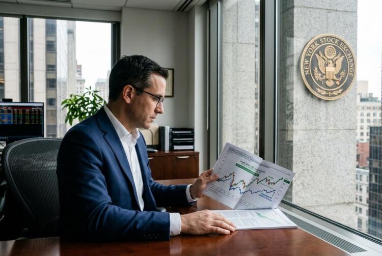 Hombre de traje revisando un reporte con gráficos junto al sello de la bolsa de Nueva York.