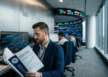 Hombre en oficina de Citadel leyendo un informe de investigación macroeconómica con gráficos.
