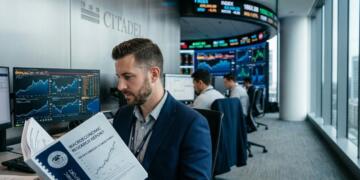 Hombre en oficina de Citadel leyendo un informe de investigación macroeconómica con gráficos.