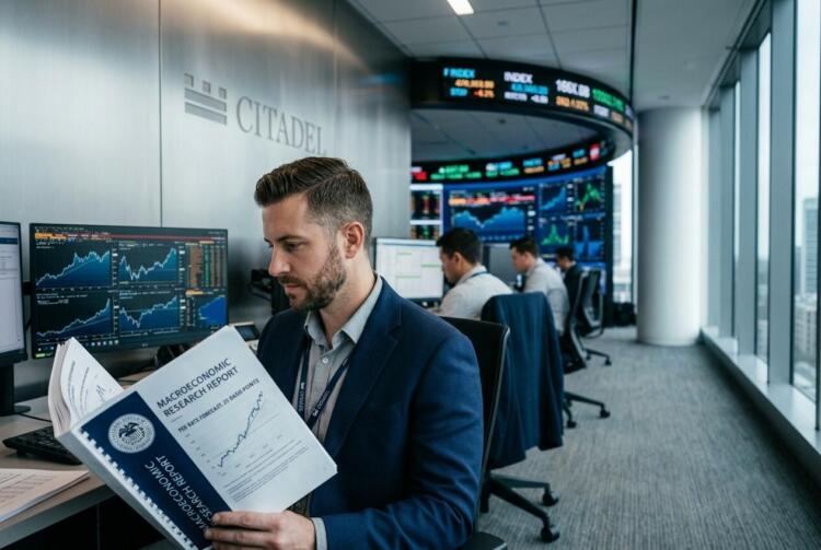 Hombre en oficina de Citadel leyendo un informe de investigación macroeconómica con gráficos.