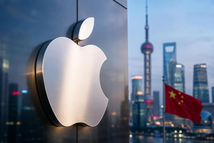 Logotipo de Apple con el mercado tecnológico chino de fondo.