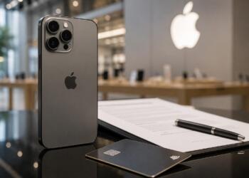 iPhone junto a contrato y tarjeta en una Apple Store moderna.