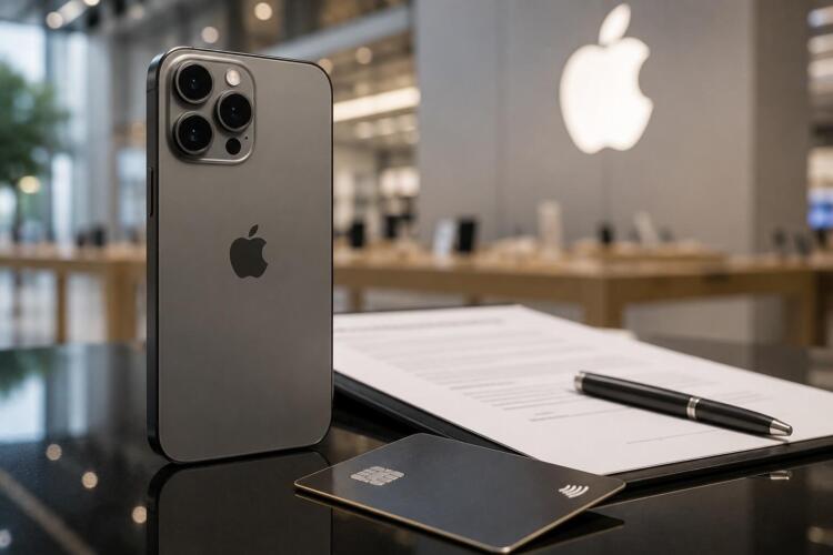 iPhone junto a contrato y tarjeta en una Apple Store moderna.