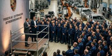 Directivos se dirigen a un grupo de trabajadores de Porsche dentro de la fábrica en Alemania.