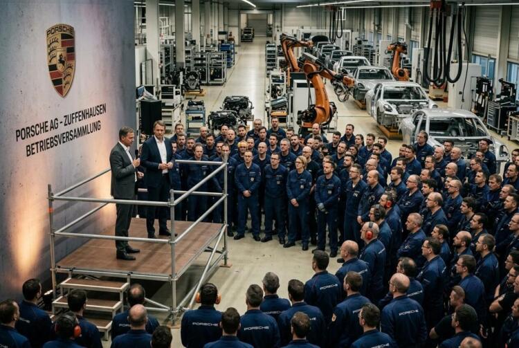 Directivos se dirigen a un grupo de trabajadores de Porsche dentro de la fábrica en Alemania.