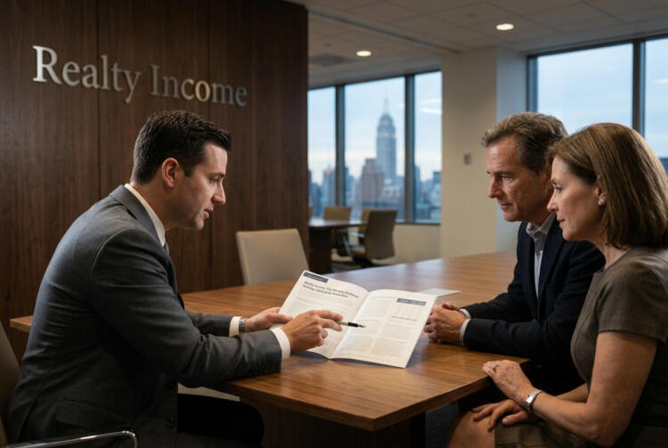 Un asesor financiero revisa documentos con una pareja en la oficina de Realty Income.