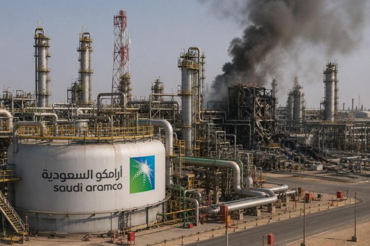 Refinería de Saudi Aramco con humo tras un ataque localizado.