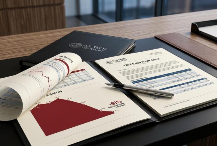 Documentos de U.S. Tech Treasury con gráficos de gastos de IA y un colapso del 91% en el flujo de caja.