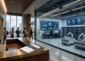 Empleados salen de las oficinas mientras robots y sistemas automatizados operan en un centro de datos visible tras un panel de cristal.