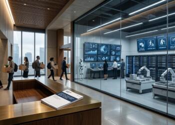 Empleados salen de las oficinas mientras robots y sistemas automatizados operan en un centro de datos visible tras un panel de cristal.