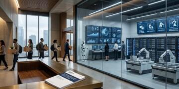 Empleados salen de las oficinas mientras robots y sistemas automatizados operan en un centro de datos visible tras un panel de cristal.