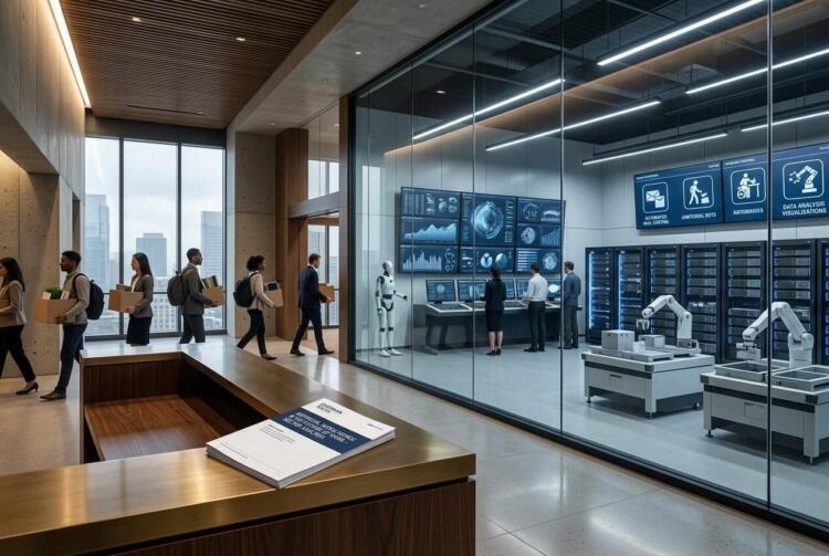Empleados salen de las oficinas mientras robots y sistemas automatizados operan en un centro de datos visible tras un panel de cristal.