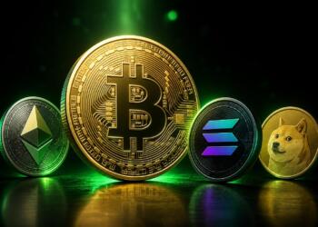 Bitcoin lidera junto a Ether, Solana y Dogecoin en una composición editorial.