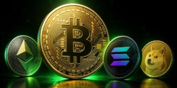 Bitcoin lidera junto a Ether, Solana y Dogecoin en una composición editorial.