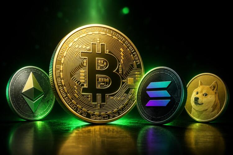 Bitcoin lidera junto a Ether, Solana y Dogecoin en una composición editorial.