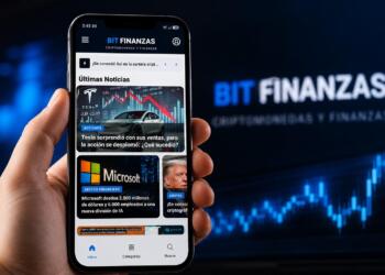 Celular con la aplicación de Bitfinanzas abierta mostrando noticias financieras.