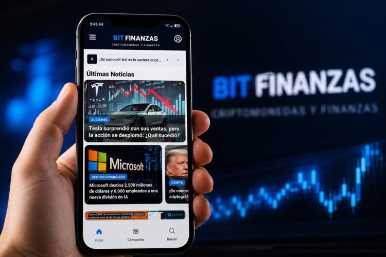Celular con la aplicación de Bitfinanzas abierta mostrando noticias financieras.