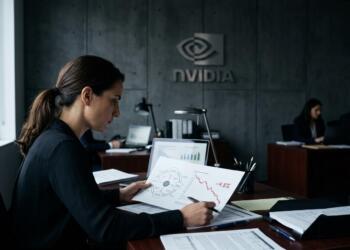 Mujer en oficina de Nvidia revisando documento con gráficos de descenso bursátil y -4.8%.