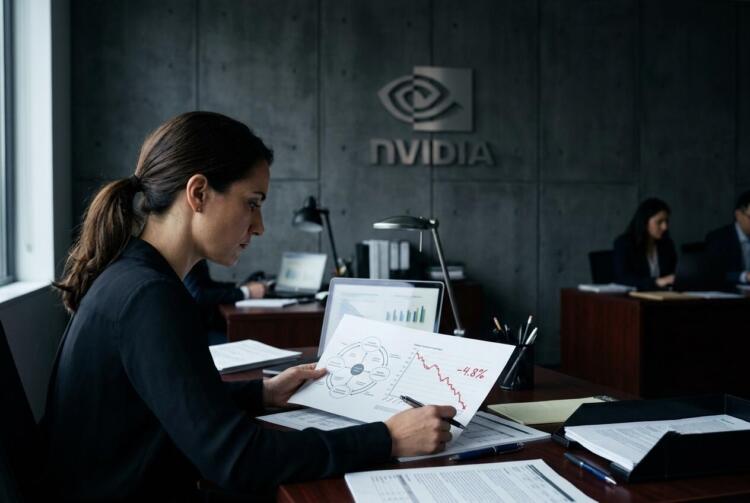 Mujer en oficina de Nvidia revisando documento con gráficos de descenso bursátil y -4.8%.