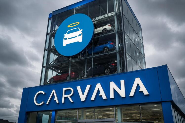 Torre de vehículos de Carvana con su logotipo en primer plano.