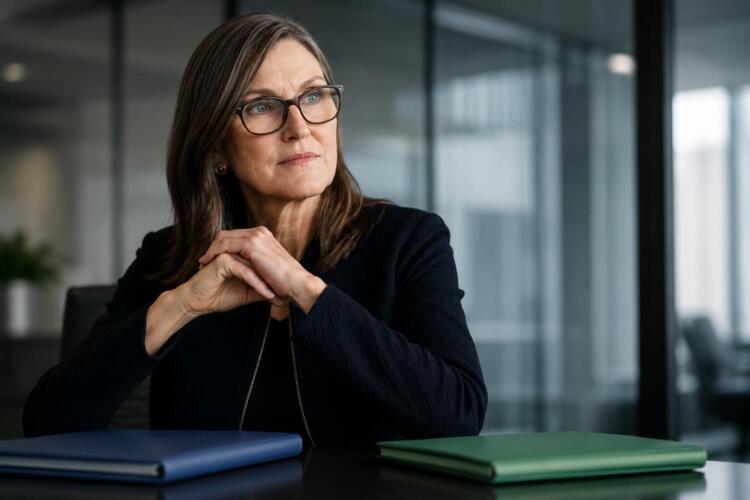 Cathie Wood en una reunión con carpetas de inversión ejecutivas.