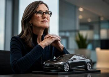 Cathie Wood junto a una maqueta de un vehículo Tesla.