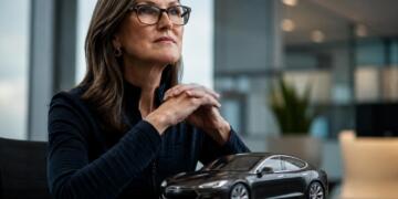 Cathie Wood junto a una maqueta de un vehículo Tesla.