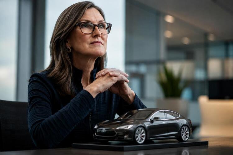 Cathie Wood junto a una maqueta de un vehículo Tesla.