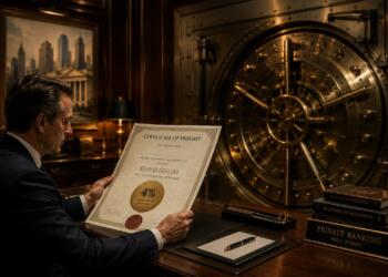 Banquero en Private Banking de Wall Street revisa certificado de depósito con retorno del 4%.