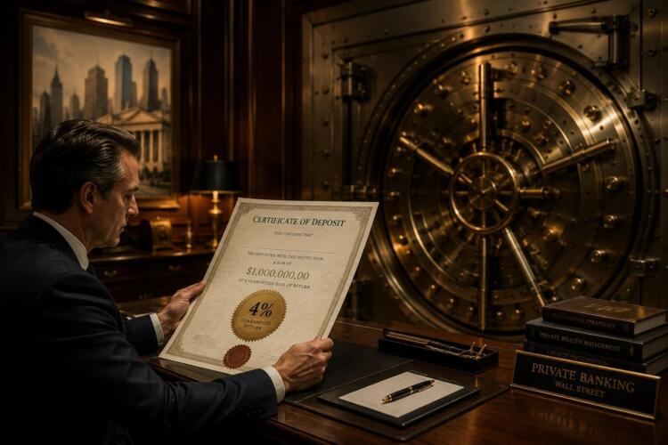 Banquero en Private Banking de Wall Street revisa certificado de depósito con retorno del 4%.